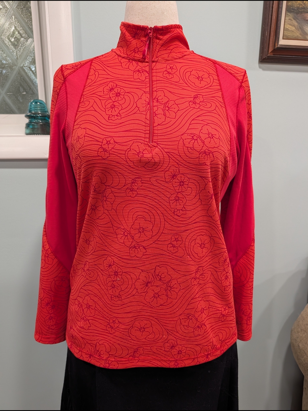 L.L. Bean Women's Orange Floral Quarter-Zip Performance Top (M)